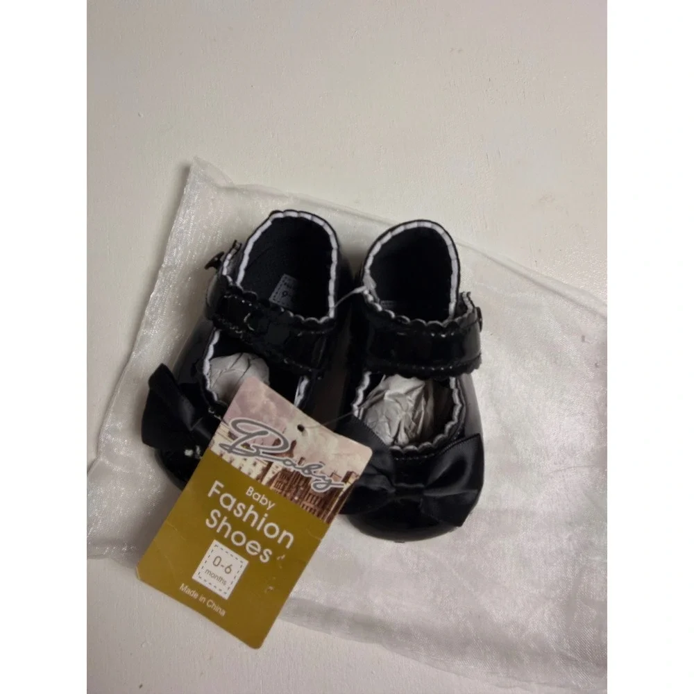 Baby Fashion Shoes Mary Janes Baby 0-6M Black New Patent Leather Bow Scalloped